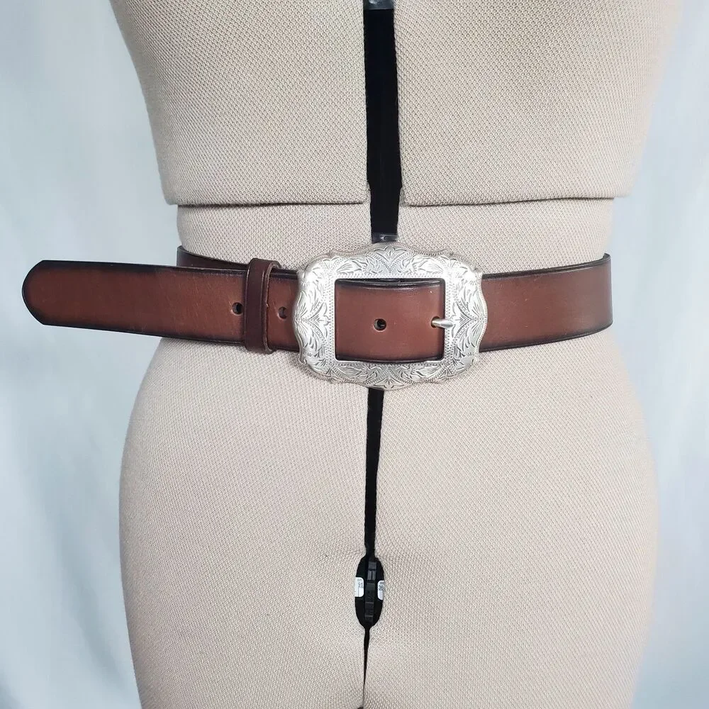 VTG Lauren Ralph Lauren Women’s Brown Leather Belt Large Western Floral Engraved - Picture 1 of 11